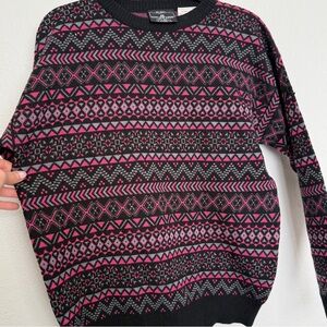Vintage Abstract Pure Wool Blend Sweater Gray Pink Black Ski Lodge